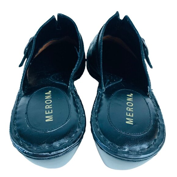 Merona Black Leather Slip-On Wedge Clogs Womens Size 9.5 Featuring Buckle Detail - Picture 13 of 14